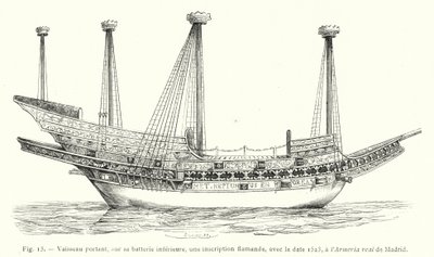 Schiff mit einer flämischen Inschrift und dem Datum 1523 auf dem unteren Deck, in der Armeria real in Madrid (Stich) von French School
