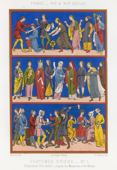 Verschiedene Kostüme des 12. und 13. Jahrhunderts in Frankreich von French School
