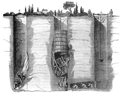 Verschiedene Fakten: Schneiden des Brunnens und die Rettungsbrunnen, die verwendet werden, um einen Schachtarbeiter zu befreien, der nach einem Erdrutsch mehrere Tage lang feststeckt, Champvert, in der Nähe von Lyon. In „Der malerische Laden“ 1836 von French School