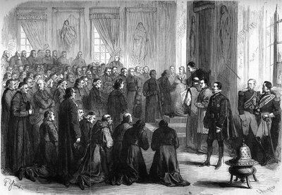 Erstes Vatikanisches Konzil (1869-1870): Papst Pius IX. (1792-1878) empfing in einer Generalaudienz die französischen Geistlichen, die den Bischöfen folgten von French School