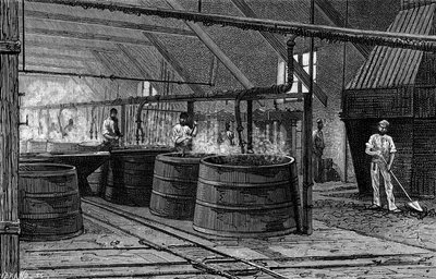 Fässer der Suffrice-Fabrik, die die Seine abschöpfen. Gravur in „Le Journal de la jeunesse“ von French School