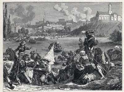 Vendée-Krieg (1793-1796): Die Vendeaner, nach der Schlacht von Cholet besiegt, kehren am 18. Oktober zur Loire zurück von French School