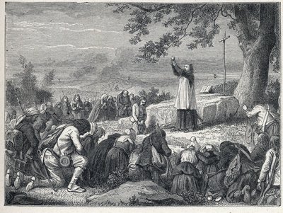 Vendée-Kriege (1793-1796): Priester feiert eine Messe unter einer Eiche für die aufständische Bevölkerung, die geschworene Priester ablehnt. Gravur von 1889. Private Sammlung von French School