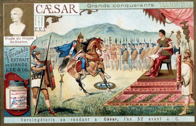 Vercingetorix geht zu Cäsar, im Jahr 52 v. Chr. - Liebig Werbevignette von French School
