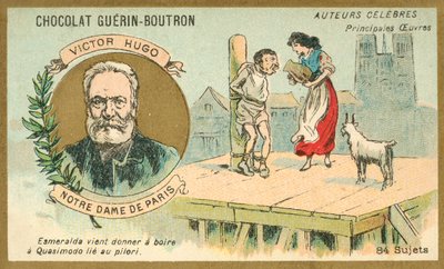 Victor Hugo, französischer Autor, und eine Szene aus seinem Roman Notre Dame de Paris von French School