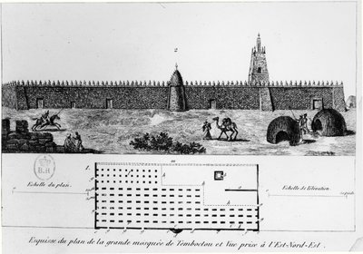 Ansicht und Plan der großen Moschee in Timbuktu, aus Journal dun voyage a Tombouctou von Rene Caillie, 1830 von French School