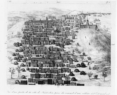 Ansicht eines Teils der Stadt Timbuktu von einem Hügel im Osten, aus Voyage a Tombouctou von Rene Caillie, veröffentlicht 1830 von French School
