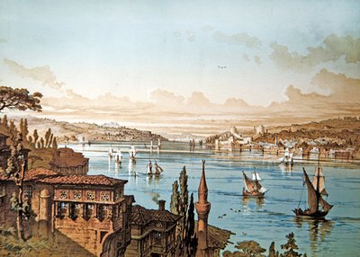 Ansicht des Schiffsverkehrs auf dem Bosporus und der Burg Rumeli Hisari mit Istanbul im Hintergrund von French School