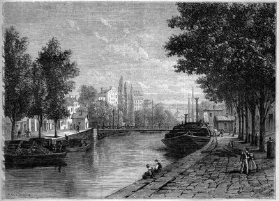 Ansicht des Canal Saint Martin in Paris vor den von Haussmann durchgeführten Umgestaltungen Mitte des 19. Jahrhunderts. Ansicht auf Höhe der Rue Saint Sebastien. Gravur in „Le Monde Illustré“ Nr. 233 vom 28. September von French School