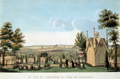 Ansicht des Friedhofs Père Lachaise in Paris. Anonyme Lithographie des 19. Jahrhunderts. Private Sammlung von French School