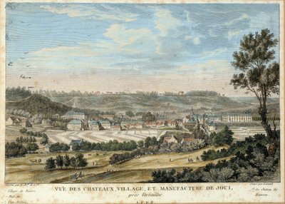 Ansicht der Stadt und der Leinwandfabrik von Christophe Philippe Oberkampf (1738-1815) in Jouy en Josas (Yvelines) (gegründet 1758) Lithographie von 1800 Sceaux, Musée de l