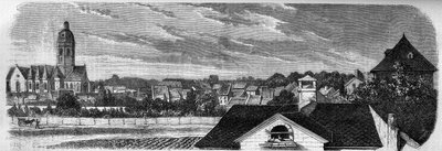 Ansicht des Stadtteils Kastrich in Mainz (Deutschland) vor der Explosion des Pulverfasses im Jahr 1857. Nach einer Fotografie. Gravur in „Le Monde Illustré“ Nr. 36 vom 19. Dezember 1857 von French School