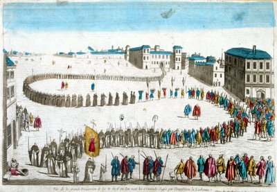 Ansicht der großen Prozession des Selbst-Dafé, wo wir die von der Inquisition in Lissabon verurteilten Verbrecher sehen - Gravur von French School