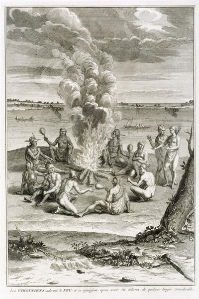 Virginier, die Feuer anbeten und sich freuen, aus erheblicher Gefahr befreit worden zu sein, Illustration aus Religiöse Zeremonien und Bräuche, graviert von Bernard Picart (1673-1733) 1721 von French School