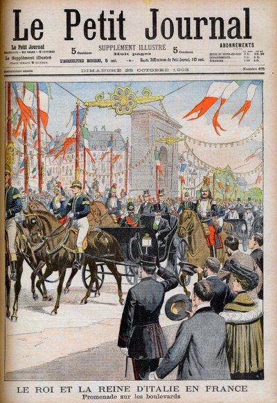 Besuch des Königs und der Königin von Italien in Frankreich. Der König und die Königin von Italien in Frankreich. Spaziergang auf den Boulevards mit dem Präsidenten der Französischen Republik Emile Loubet - Illustration für Le Petit Journal, 25. Oktober 19 von French School