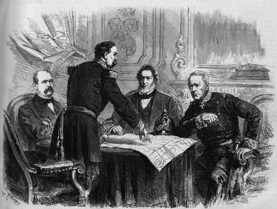 Krieg von 1870 - Belagerung von Paris: Unterzeichnung des Waffenstillstands zwischen den französischen und preußischen Vertretern nach der Kapitulation von Paris, 28. Januar 1871. Von links nach rechts: Otto von Bismarck (1815-1898), Horix de Valdan (1810- von French School