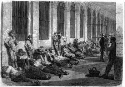 Krieg von 1870: Pariser stehen vor dem Finanzministerium Schlange, um das nationale Darlehen zur Kriegsfinanzierung zu zeichnen. Szene, die den Tag vor der Eröffnung der Fenster darstellt von French School