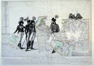 Kriege der Revolution: General Napoleon Bonaparte (1769-1821) hält eine Karte von Italien (zur Zeit des Italienfeldzugs), um das Puzzle der von Frankreich eroberten Gebiete zu vervollständigen. Links wahrscheinlich die Generäle Hoche, Pichegru und Jean Vic von French School