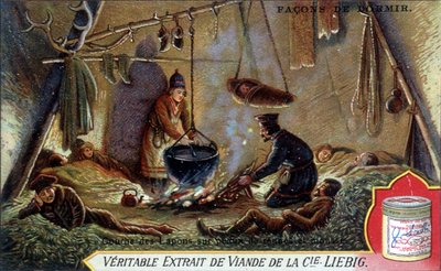 Schlafweisen: Lap-Schicht auf Rentierfellen und Schaum. Chromolithographie-Verpackung Liebig von French School
