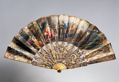 Hochzeitshandfächer, der David zeigt, wie er seine Krone an Bathseba übergibt, Louis XVI-Stil Stäbe von French School