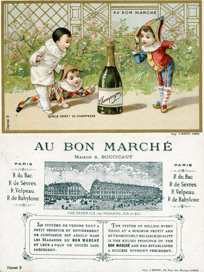 Was für ein Glück! Eine Flasche Champagner; Vorder- und Rückseite einer Werbekarte für die Bon Marché Kaufhäuser in Paris, ca. 1895 von French School