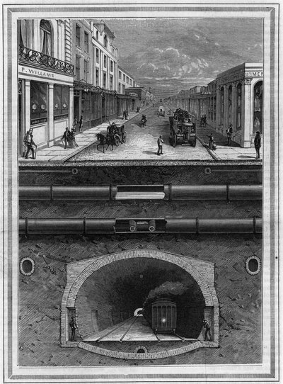 Was unter dem Pflaster von London (Großbritannien) liegt: Gasrohr, Wasserrohr, Pneumatikrohr für Abfälle, Abflüsse, Tunnel und Eisenbahnlinie für Metropolregionen. Gravur in „La Nature. Revue des sciences et de ses applications aux arts et à l