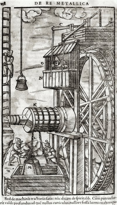 Winde zum Wasserholen aus einer Mine, Illustration aus De Re Metallica von Georg Bauer, bekannt als Agricola, 1561 von French School