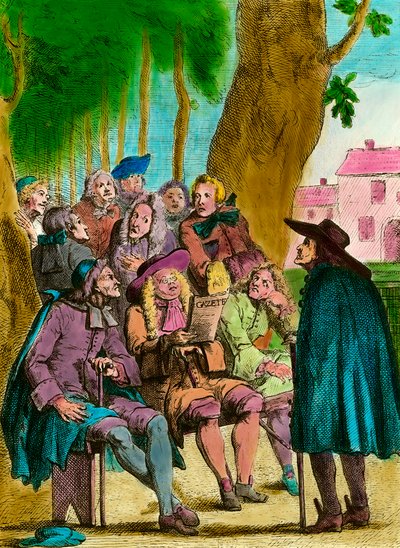 Windpolitiker lesen „die Gazette“ unter dem Krakauer Baum in den Gärten von Luxemburg am Ende des Ancien Régime in Paris. Gravur des 18. Jahrhunderts. Private Sammlung von French School