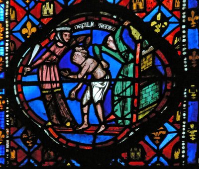 Fenster Ew-L, eine Szene aus der Geschichte vom verlorenen Sohn darstellend: Er wird von den Kurtisanen hinausgeworfen von French School