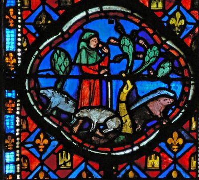Fenster Ew-L, eine Szene aus der Geschichte vom verlorenen Sohn darstellend: Er kümmert sich um Schweine und denkt nach von French School