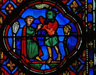 Fenster Ew-R, Theophilus mit einem Teufel darstellend von French School