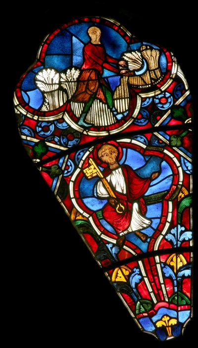 Fenster Ew mit dem heiligen Petrus und den Monatsarbeiten: Juli von French School
