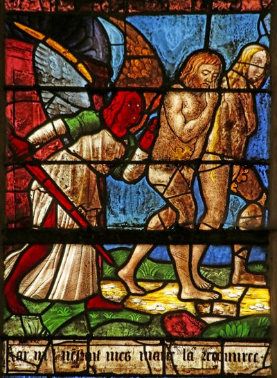 Fenster mit Adam und Eva, die aus Eden vertrieben werden von French School
