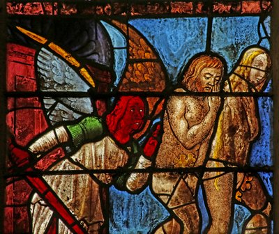 Fenster mit Adam und Eva, die aus Eden vertrieben werden von French School