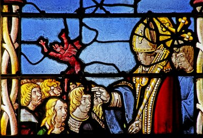 Fenster, das den heiligen Cler zeigt: exorziert einen Dämon aus Hasterie von French School
