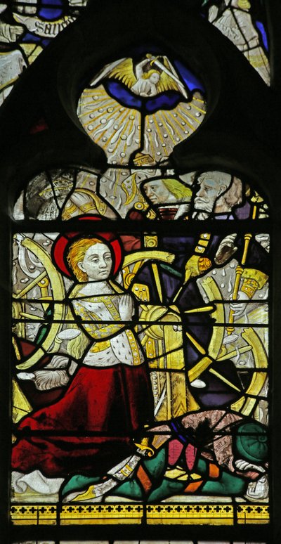Fenster mit Darstellung der betenden Heiligen Katharina und Engeln, die das Rad durch Steinwürfe zerbrechen, 1460-70 von French School