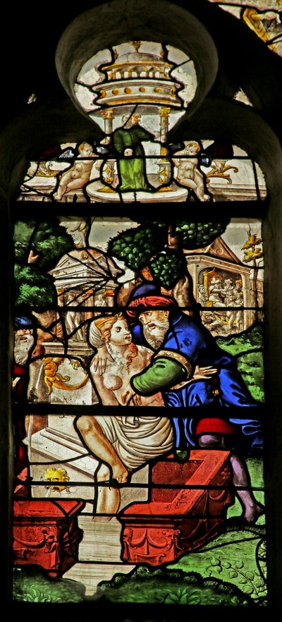 Fenster mit Susanna, die beim Baden belästigt wird von French School