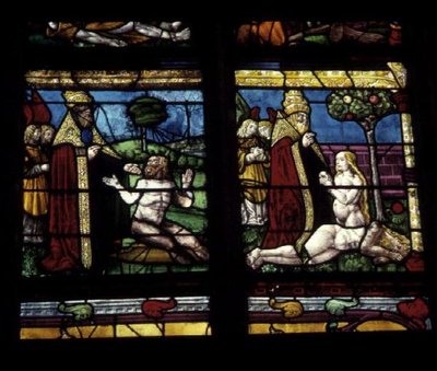 Fenster, das die Erschaffung von Adam und Eva darstellt von French School