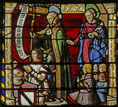 Fenster, das die Stifter Claude de Crépy und Söhne mit Saint Claude und Saint Peter darstellt von French School