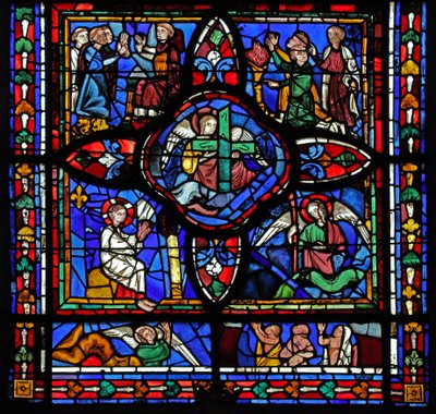 Fenster, Darstellung des ersten Abschnitts des Fensters w7; In der Mitte sind die Reliquien der Passion (das Kreuz und der Speer); anderswo sind streitende Mönche und interpolierte Tafeln des Jüngsten Gerichts von French School