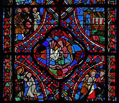 Fenster, Darstellung des zweiten Abschnitts des Heiligen Jakobus-Fensters, w5: In der Mitte sind die Nägel der Passion; Philetus wird bekehrt; Hermogenes mit dem Heiligen Jakobus; eine Kirche; Heiliger Jakobus mit 2 Männern von French School