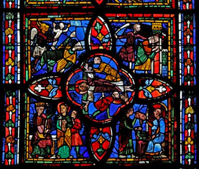 Fenster, Darstellung des zweiten Abschnitts des Fensters w7: In der Mitte ist die Kreuzigung des Heiligen Petrus; anderswo ist Heiliger Petrus vor Nero; Heiliger Petrus im Gefängnis; der Teufel nimmt eine Seele von French School