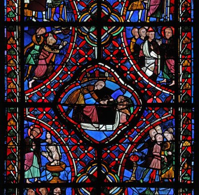 Fenster, Darstellung des dritten Abschnitts des Heiligen Jakobus-Fensters, w5: Nicht alle Szenen wurden identifiziert, aber eine Taufe ist zu sehen und möglicherweise das Martyrium des Heiligen von French School