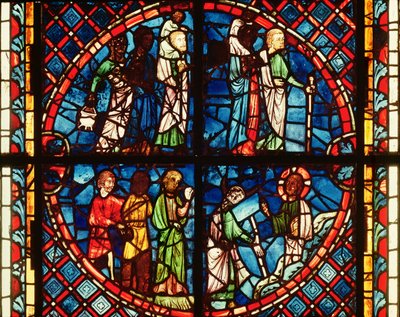 Fenster aus der Kapelle der Jungfrau darstellend die Israeliten in der Wüste und Moses auf dem Berg Sinai, ca. 1240-50 von French School