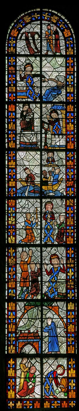 Fenster Nr. 1, Darstellung von Szenen aus dem Leben der heiligen Radegunde von French School
