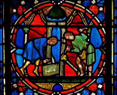 Fenster n2-C, den heiligen Austremoine beim Bau der Kirche in Issoire darstellend von French School