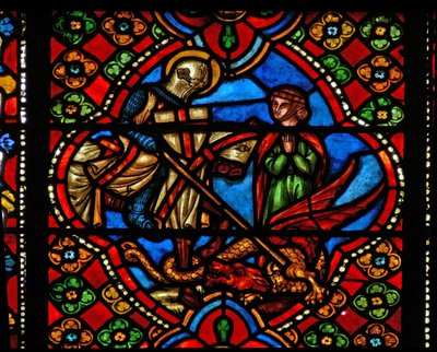 Fenster n3, Szenen aus dem Leben des heiligen Georg darstellend; tötet den Drachen von French School