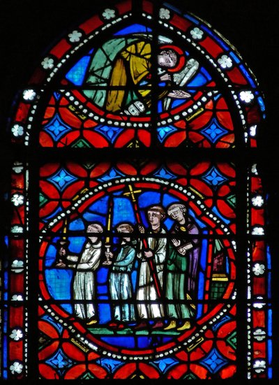 Fenster s1-R, eine Szene aus der Reise des heiligen Bonnet nach Rom und Abenteuer darstellend von French School