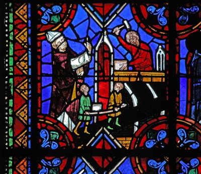 Fenster w06, Darstellung des Baus einer Kirche von French School