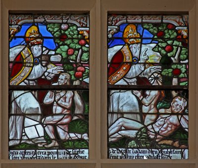 Fenster w101, Darstellung der Erschaffung von Fischen und Tieren; Erschaffung von Adam und Eva von French School